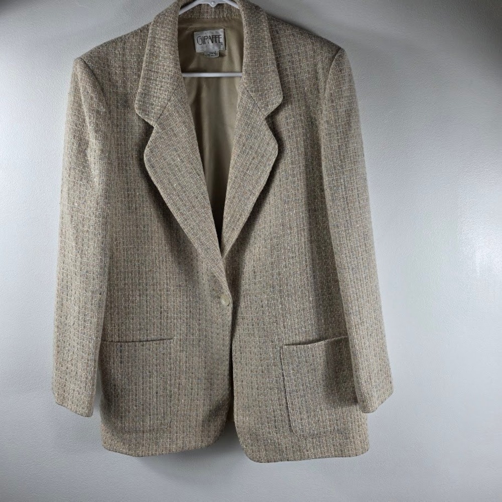 GIRAFFE Women's Size 14 Beige Tweed Wool Blazer Jacket Business Casual
